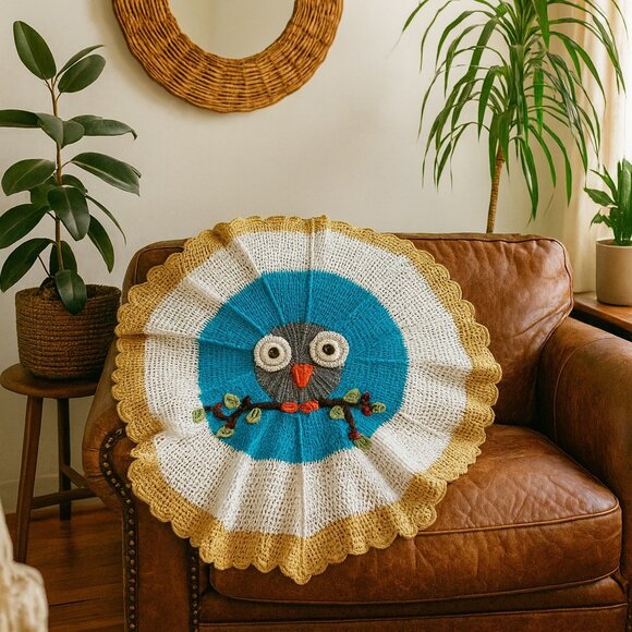 Hand-knitted Crochet Round Owl Blanket Throw Chair Decor 40" Cottage Boho Artsy - Picture 1 of 8